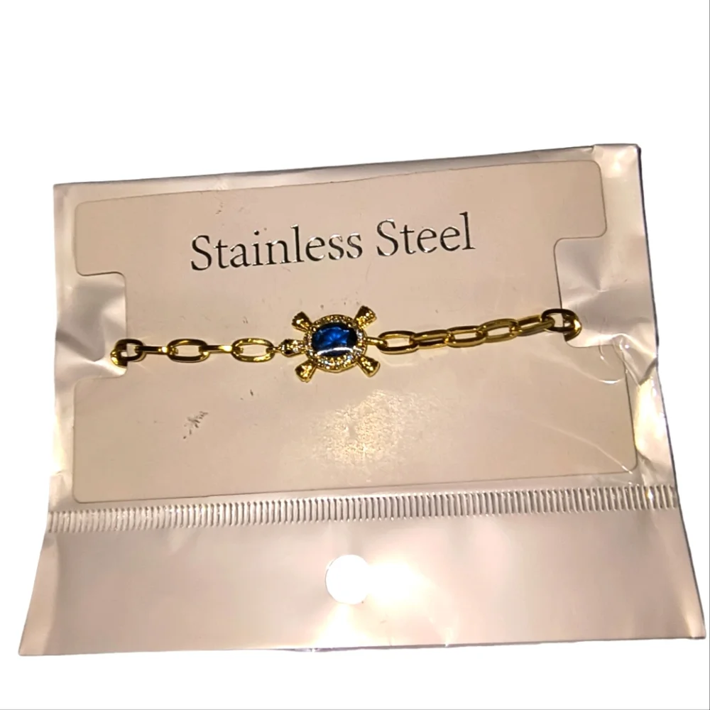 Cute Gold Tone Stainless Steel Bracelet w/ Blue Crystal Turtle